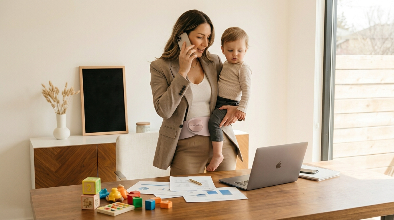 A mother working from home while holding her child