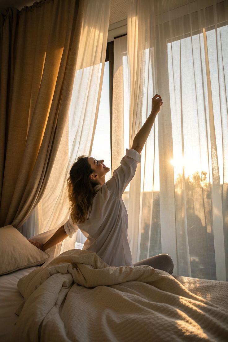 A woman stretching by a sunlit bedroom window