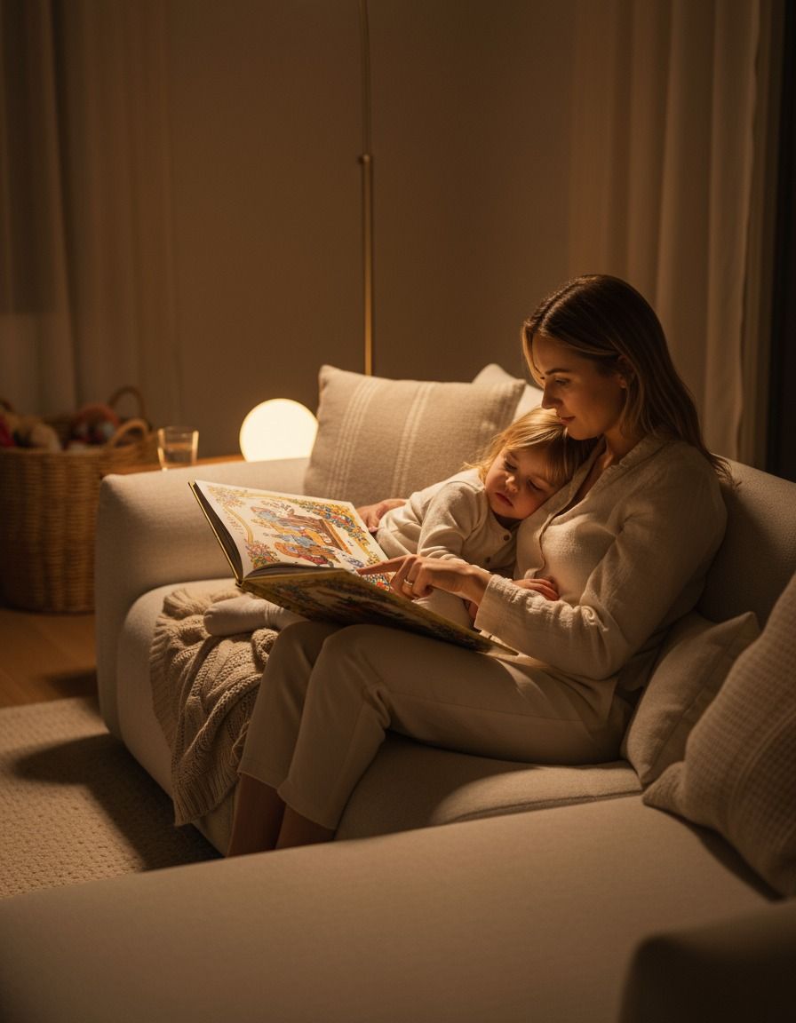A mother reading with her child in a warm living room